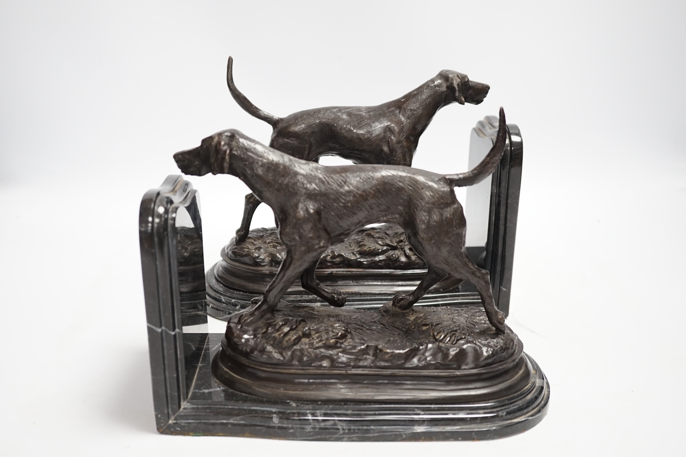 After Pierre-Jules Mêne (1810-1879), a pair of bronze models of hunting hounds